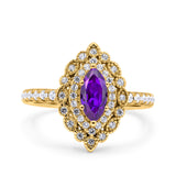 Halo Vintage Style Art Deco Solitaire Accent Marquise Wedding Engagement Ring Round Simulated Cubic Zirconia 925 Sterling Silver