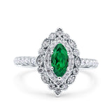 Halo Vintage Style Art Deco Solitaire Accent Marquise Wedding Engagement Ring Round Simulated Cubic Zirconia 925 Sterling Silver