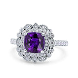 Halo Vintage Style Art Deco Solitaire Accent Cushion Wedding Engagement Ring Round Simulated Cubic Zirconia 925 Sterling Silver