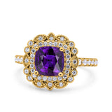 Halo Vintage Style Art Deco Solitaire Accent Cushion Wedding Engagement Ring Round Simulated Cubic Zirconia 925 Sterling Silver