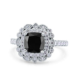 Halo Vintage Style Art Deco Solitaire Accent Cushion Wedding Engagement Ring Round Simulated Cubic Zirconia 925 Sterling Silver