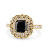 Halo Vintage Style Art Deco Solitaire Accent Cushion Wedding Engagement Ring Round Simulated Cubic Zirconia 925 Sterling Silver