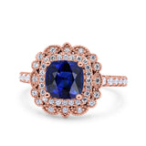 Halo Vintage Style Art Deco Solitaire Accent Cushion Wedding Engagement Ring Round Simulated Cubic Zirconia 925 Sterling Silver