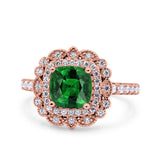 Halo Vintage Style Art Deco Solitaire Accent Cushion Wedding Engagement Ring Round Simulated Cubic Zirconia 925 Sterling Silver