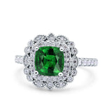 Halo Vintage Style Art Deco Solitaire Accent Cushion Wedding Engagement Ring Round Simulated Cubic Zirconia 925 Sterling Silver