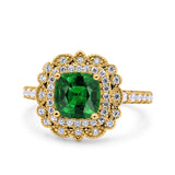 Halo Vintage Style Art Deco Solitaire Accent Cushion Wedding Engagement Ring Round Simulated Cubic Zirconia 925 Sterling Silver