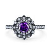 Halo Vintage Style Art Deco Solitaire Accent Wedding Engagement Ring Round Simulated Cubic Zirconia 925 Sterling Silver