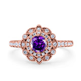 Halo Vintage Style Art Deco Solitaire Accent Wedding Engagement Ring Round Simulated Cubic Zirconia 925 Sterling Silver