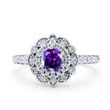 Halo Vintage Style Art Deco Solitaire Accent Wedding Engagement Ring Round Simulated Cubic Zirconia 925 Sterling Silver