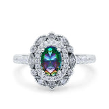 Halo Vintage Style Art Deco Solitaire Accent Oval Wedding Engagement Ring Simulated Cubic Zirconia 925 Sterling Silver