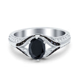 Art Deco Oval Engagement Ring Black Simulated Cubic Zirconia 925 Sterling Silver