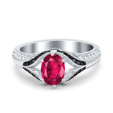 Art Deco Oval Engagement Ring Black Simulated Cubic Zirconia 925 Sterling Silver