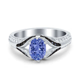 Art Deco Oval Engagement Ring Black Simulated Cubic Zirconia 925 Sterling Silver