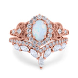 Marquise Art Deco Band Wedding Engagement Bridal Ring Oval Accent Vintage Round Simulated Cubic Zirconia 925 Sterling Silver