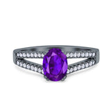 Split Shank Halo Oval Wedding Engagement Ring Round Black Simulated Cubic Zirconia 925 Sterling Silver