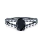 Split Shank Halo Oval Wedding Engagement Ring Round Black Simulated Cubic Zirconia 925 Sterling Silver