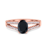Split Shank Halo Oval Wedding Engagement Ring Round Black Simulated Cubic Zirconia 925 Sterling Silver