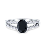 Split Shank Halo Oval Wedding Engagement Ring Round Black Simulated Cubic Zirconia 925 Sterling Silver