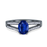 Split Shank Halo Oval Wedding Engagement Ring Round Black Simulated Cubic Zirconia 925 Sterling Silver