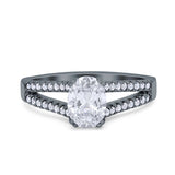 Split Shank Halo Oval Wedding Engagement Ring Round Black Simulated Cubic Zirconia 925 Sterling Silver