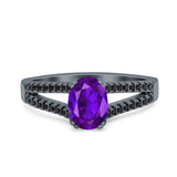 Split Shank Halo Oval Wedding Engagement Ring Round Black Simulated Cubic Zirconia 925 Sterling Silver