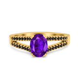 Split Shank Halo Oval Wedding Engagement Ring Round Black Simulated Cubic Zirconia 925 Sterling Silver