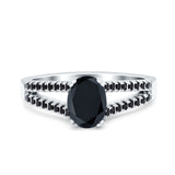 Split Shank Halo Oval Wedding Engagement Ring Round Black Simulated Cubic Zirconia 925 Sterling Silver