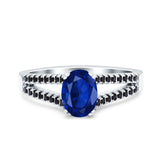 Split Shank Halo Oval Wedding Engagement Ring Round Black Simulated Cubic Zirconia 925 Sterling Silver