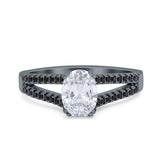 Split Shank Halo Oval Wedding Engagement Ring Round Black Simulated Cubic Zirconia 925 Sterling Silver