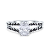Split Shank Halo Oval Wedding Engagement Ring Round Black Simulated Cubic Zirconia 925 Sterling Silver