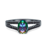Split Shank Halo Oval Wedding Engagement Ring Round Black Simulated Cubic Zirconia 925 Sterling Silver