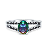 Split Shank Halo Oval Wedding Engagement Ring Round Black Simulated Cubic Zirconia 925 Sterling Silver