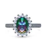 Halo Art Deco Oval Wedding Engagement Bridal Ring Round Simulated Cubic Zirconia 925 Sterling Silver