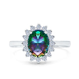 Halo Art Deco Oval Wedding Engagement Bridal Ring Round Simulated Cubic Zirconia 925 Sterling Silver
