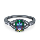 Oval Art Deco Wedding Engagement Bridal Ring Accent Vintage Round Simulated Cubic Zirconia 925 Sterling Silver