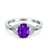 Oval Green Emerald Art Deco Wedding Engagement Bridal Ring Accent Vintage Round Simulated Cubic Zirconia 925 Sterling Silver