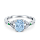 Oval Green Emerald Art Deco Wedding Engagement Bridal Ring Accent Vintage Round Simulated Cubic Zirconia 925 Sterling Silver