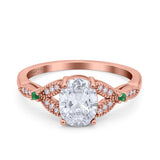 Oval Green Emerald Art Deco Wedding Engagement Bridal Ring Accent Vintage Round Simulated Cubic Zirconia 925 Sterling Silver