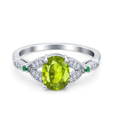 Oval Green Emerald Art Deco Wedding Engagement Bridal Ring Accent Vintage Round Simulated Cubic Zirconia 925 Sterling Silver