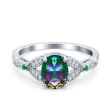 Oval Green Emerald Art Deco Wedding Engagement Bridal Ring Accent Vintage Round Simulated Cubic Zirconia 925 Sterling Silver