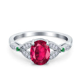 Oval Green Emerald Art Deco Wedding Engagement Bridal Ring Accent Vintage Round Simulated Cubic Zirconia 925 Sterling Silver