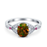 Oval Art Deco Wedding Engagement Bridal Ring Accent Vintage Round Simulated Ruby Cubic Zirconia 925 Sterling Silver