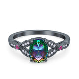 Oval Art Deco Wedding Engagement Bridal Ring Accent Vintage Round Simulated Ruby Cubic Zirconia 925 Sterling Silver