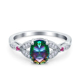 Oval Art Deco Wedding Engagement Bridal Ring Accent Vintage Round Simulated Ruby Cubic Zirconia 925 Sterling Silver