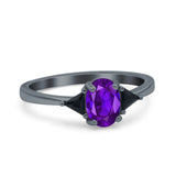 Vintage Oval Engagement Ring Triangle Black Simulated Cubic Zirconia 925 Sterling Silver