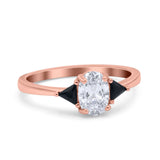 Vintage Oval Engagement Ring Triangle Black Simulated Cubic Zirconia 925 Sterling Silver