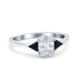 Vintage Oval Engagement Ring Triangle Black Simulated Cubic Zirconia 925 Sterling Silver