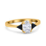 Vintage Oval Engagement Ring Triangle Black Simulated Cubic Zirconia 925 Sterling Silver