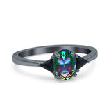 Vintage Oval Engagement Ring Triangle Black Simulated Cubic Zirconia 925 Sterling Silver