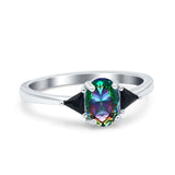 Vintage Oval Engagement Ring Triangle Black Simulated Cubic Zirconia 925 Sterling Silver